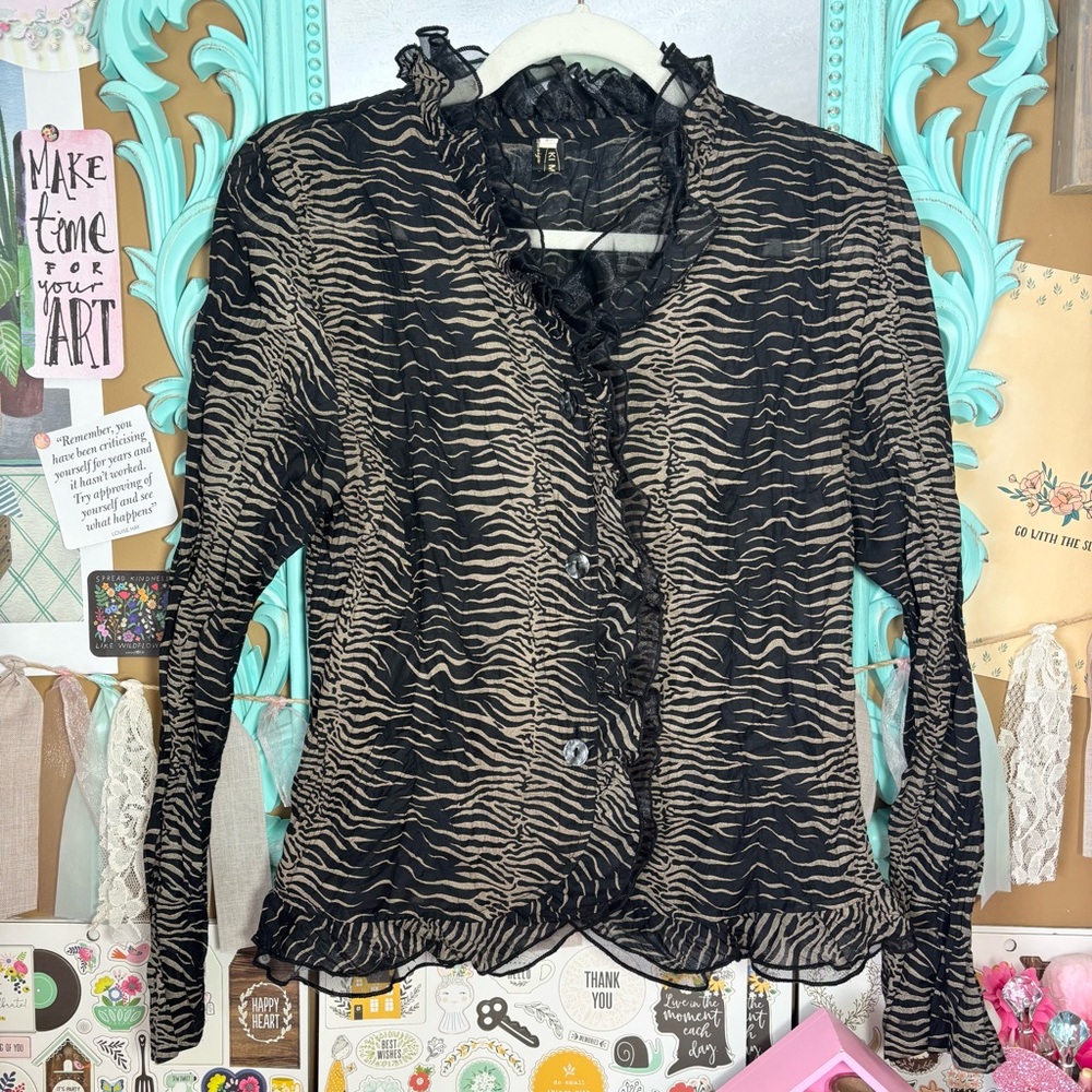 Ki Meng Animal Print Black & Brown Button Up Ruffle Women’s Sheer Blouse Zebra